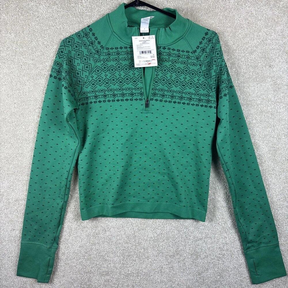 DSG 1/4 Zip Women Small Seamless Green Fair Isle Workout Ski Shirt Long Sleeve
